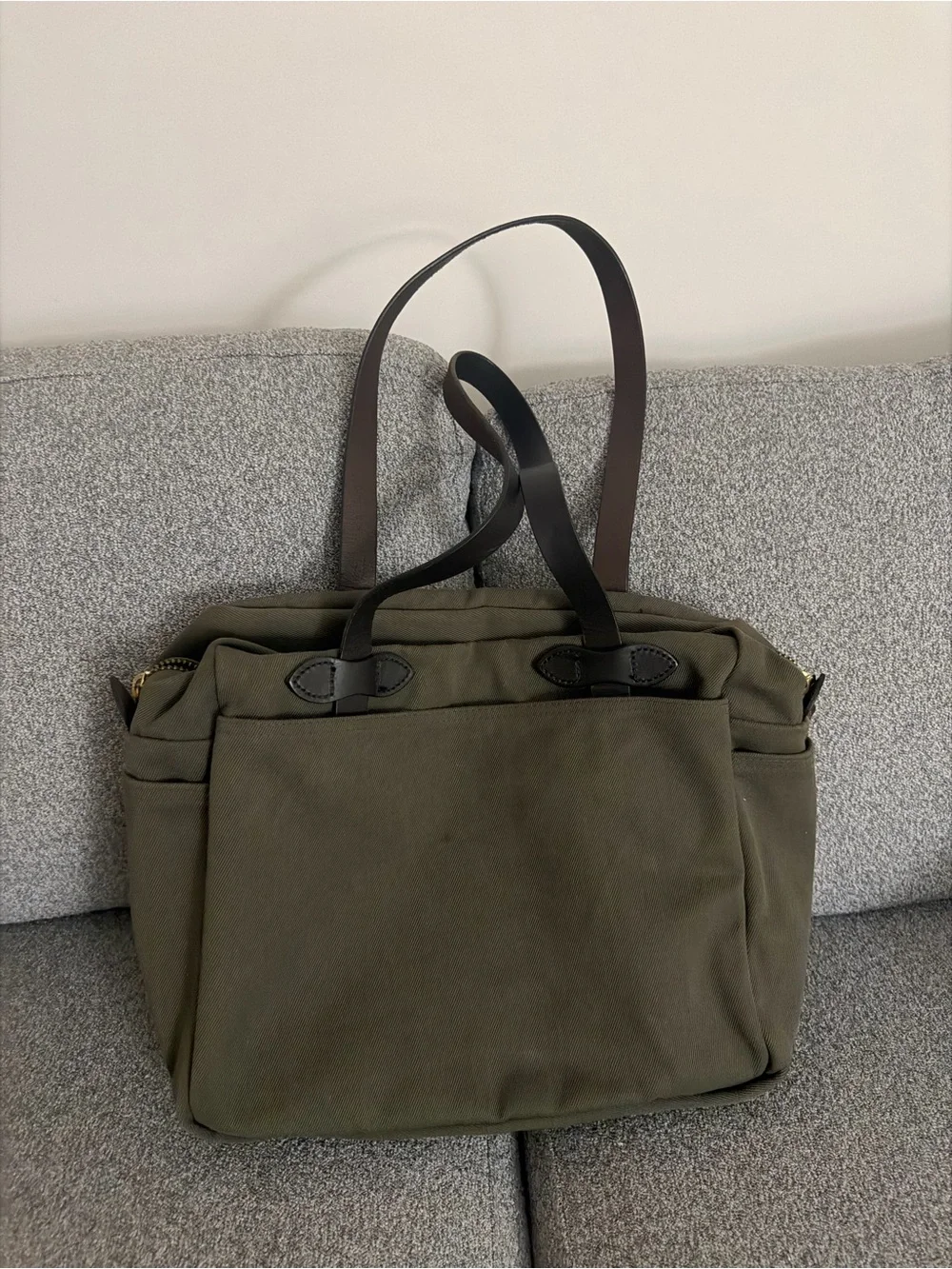 Like new condition!! Olive Green Canvas Tote Bag with Dark Brown Straps
